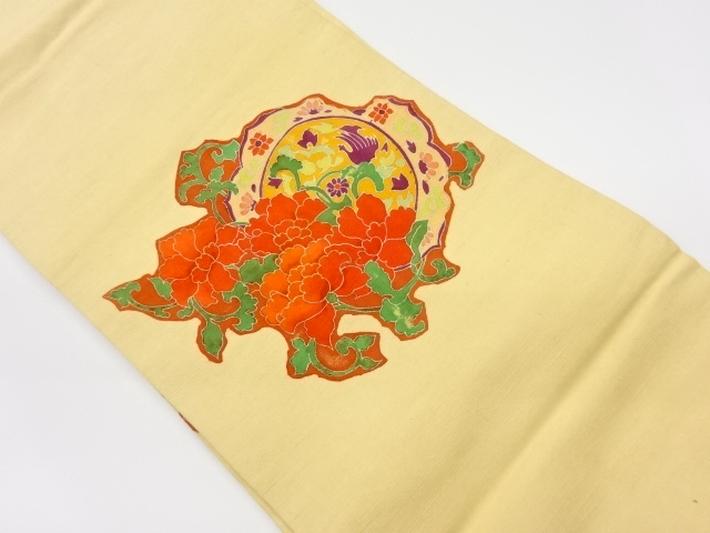 JAPANESE KIMONO / VINTAGE NAGOYA OBI / TSUMUGI / KINSAI / PEONY ARABESQUE